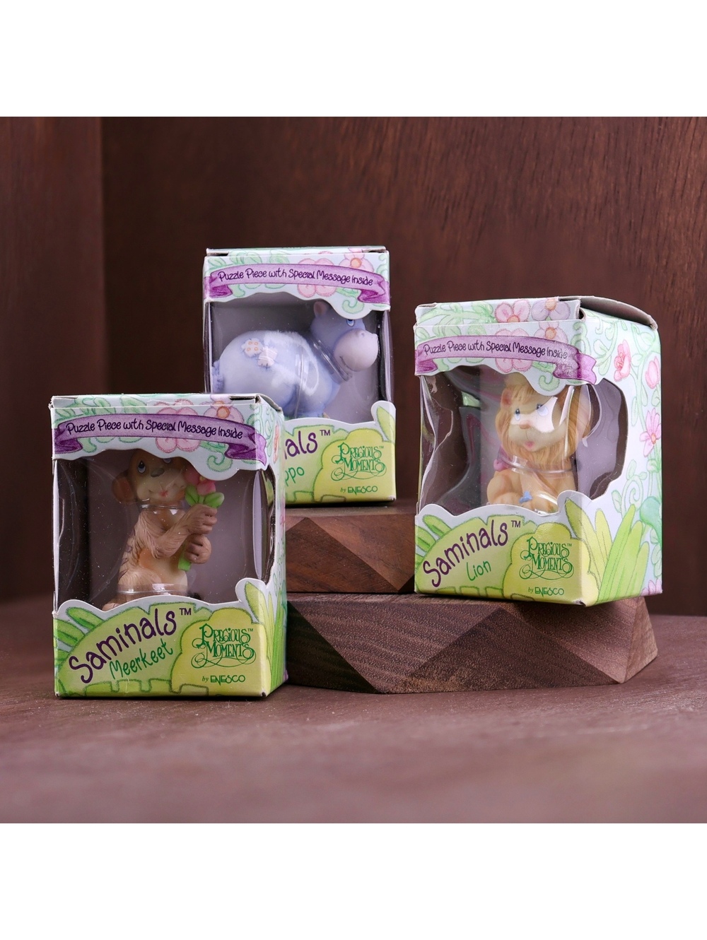 NOS Lot of 3 VTG 2000 Precious Moments Saminals Hippo Lion Meerkeet w/ Puzzle